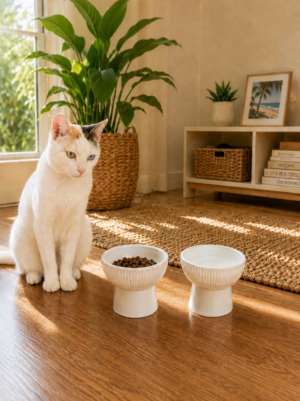 White Ceramic Fishbone Pet Food and Water Bowl - Set of 2